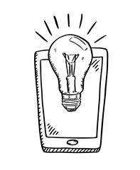 Cartoon style black and white doodle of mobile phone with idea bulb on screen. Black and white vector illustration.