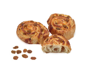 Puff pastry with cottage cheese and raisins on white background