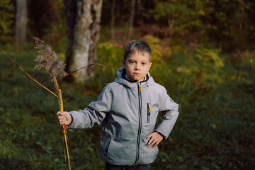 cute caucasian 6 year old boy holding a self made cane with serious face standing in the forest on autumn sunny day