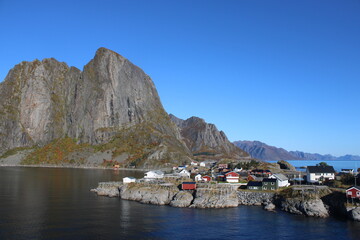 The village of Reine on Lofoten islands in Northern Norway on a clear day in autumn