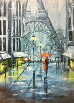 Bad weather in city drawing. Oil painting rain in paris.