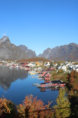 The village of Reine on Lofoten islands in Northern Norway on a clear day in autumn