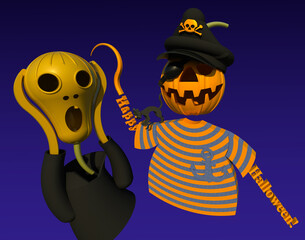 Halloween fear party 3D illustration. Two pumpkin characters playing scary and scared, one is captain pirate and the other acts as a famous painting. Dark blue night gradient background. Collection.