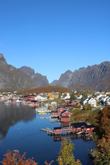 The village of Reine on Lofoten islands in Northern Norway on a clear day in autumn