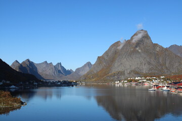 The idyllic village of Reine on Lofoten islands on a beautiful day in autumn
