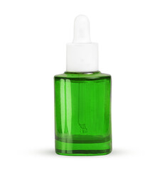 green glass bottle with pipette on white background