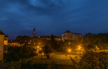 Fototapeta na wymiar View for Cesky Krumlov old town from lookout over night in autumn morning