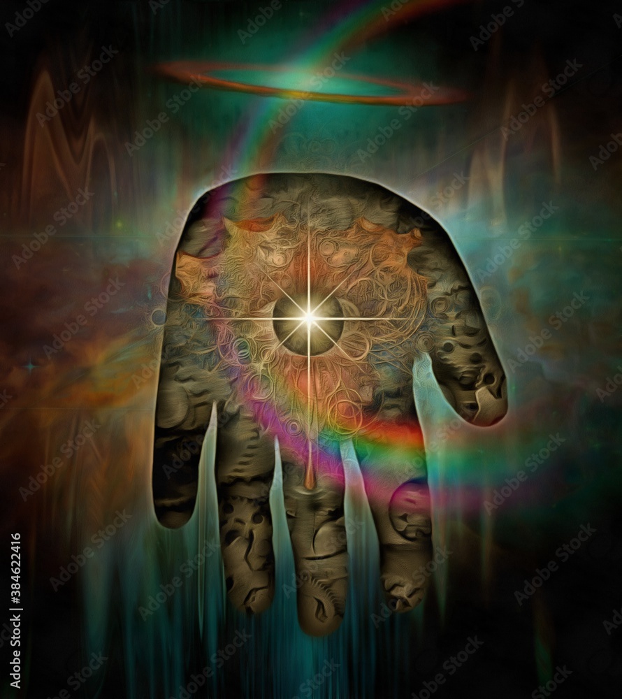 Poster time machine. hand with eye in endless universe. 3d rendering