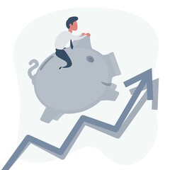Illustration of businessman riding his piggy bank running upward on arrow graph. Shades of gray.