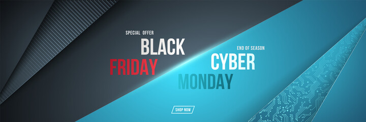 Black Friday and Cyber Monday horizontal banner. Banner for big November sale. Horizontal poster, header website. Template with overlay multi layer shapes.