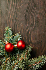 Christmas Tree and decorations on wooden background