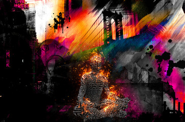 Colorful painting. Manhattan bridge. Burning figure of man in lotus pose. 3D rendering