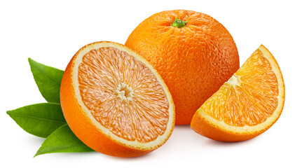 Organic orange isolated on white background. Taste orange with leaf. Full depth of field with clipping path