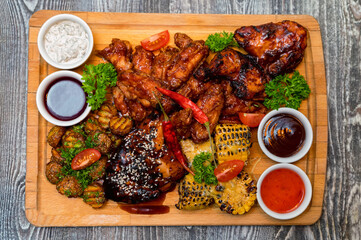 Barbecue chicken with vegetables on wooden table flat view