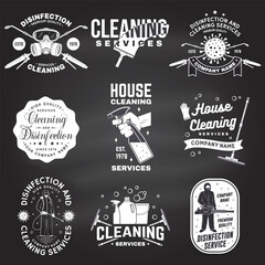 Fototapeta na wymiar Set of Disinfection and cleaning services badge, logo, emblem. Vector For professional disinfection and cleaning company. Vintage typography design with disinfectant and cleaning equipments