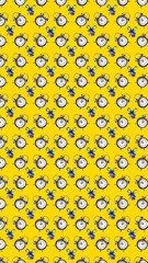 Vertical banner from alarm clocks and Christmas bells on a yellow background.