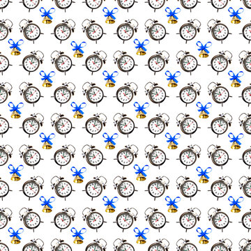 Seamless pattern of alarm clocks and Christmas bells on a white background.