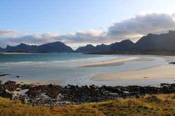 A beautiful arctic ocean beach on Lofoten Islands in Norway that looks like in paradise 