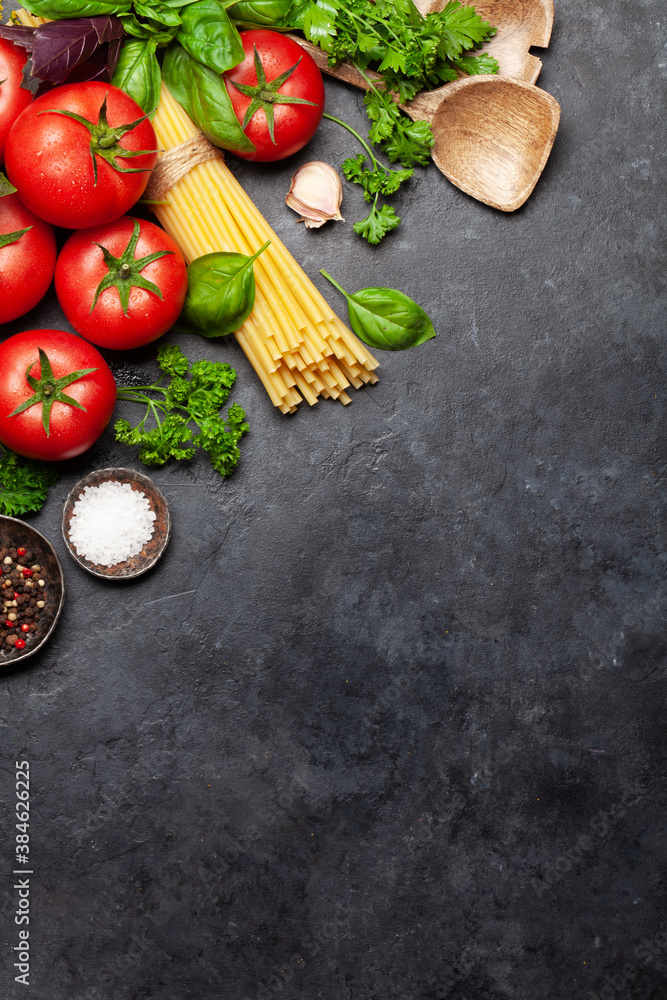 Poster italian cuisine ingredients. tomatoes, pasta, herbs and spices