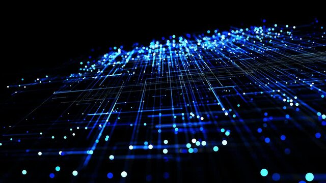 abstract looped background as technological concept with many blue lines and nodes. Sci-fi bg of glow particles form lines like electrical circuit or microcircuit. Running lights, glowing particles