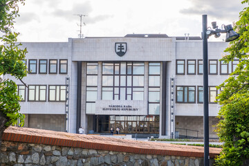 The parliament of the Slovak republic in Bratislava on the castle hill of Bratislava castle. Legislative body of state power, democracy, coat of arms of Slovakia