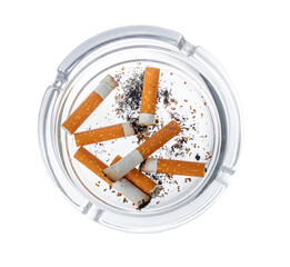 Burnt cigarette butts in an ash tray isolated on white