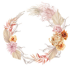 watercolor illustration, floral frame with yellow and orange flowers, palm leaves, chrysanthemums, orchid, roses. A template for an autumn card.