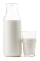 Obraz na płótnie Canvas Glass bottle and cup of fresh milk isolated