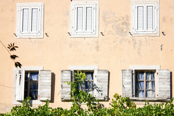 Fototapeta na wymiar Architecture. Light wall of an old house with windows and shutters. Live green hedge