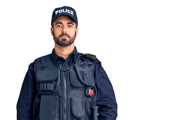 Young hispanic man wearing police uniform relaxed with serious expression on face. simple and...