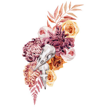 watercolor image of a bouquet with chrysanthemum, rose, palm leaf, orchid, symbol of the Mexican day of the dead. compositions with the image of Calavera Katrina, dia de los muertos