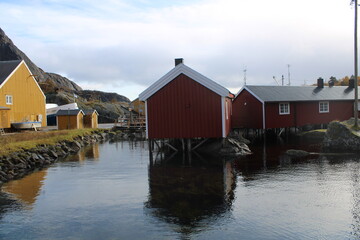 Fototapeta premium The beautiful village of Nusfjord on Lofoten Islands on a great day in autumn