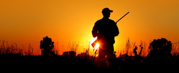 A silhouette of a male hunter carrying a shotgun. He could be hunting pheasant, chukar, partridge,...