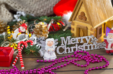 Merry Christmas, postcard with gifts and Christmas decorations.
