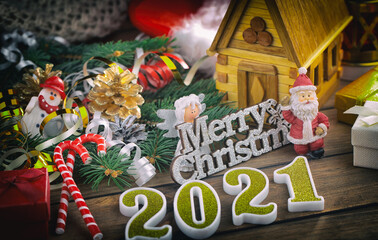 Merry Christmas, postcard with gifts and Christmas decorations.