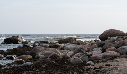 Stones on the shores of the Baltic Sea in Mersrags in Latvia.