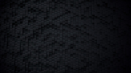 Dark wall of cubes. Black 3D rendering backgroud.