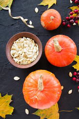 Nice view of pumpkin and autumn leaves. Creative atmospheric decoration