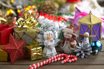 Merry Christmas, postcard with gifts and Christmas decorations.