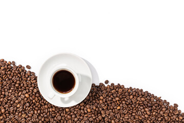 Cup of Espresso Coffee and roasted beans on white background