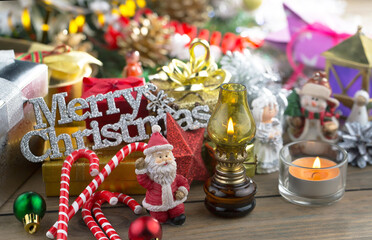 Merry Christmas card with gifts and, coffee and Christmas decorations.