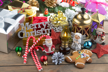 Merry Christmas card with gifts and coffee and Christmas decorations.