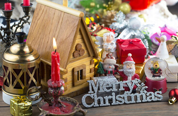Fototapeta na wymiar Merry Christmas card with gifts and, coffee and Christmas decorations.