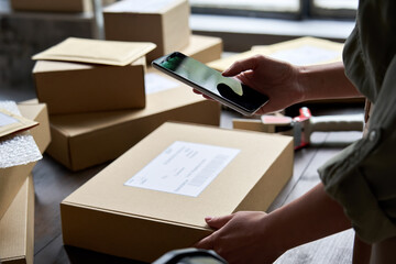 Female warehouse worker seller, small stock business owner holding phone scanning retail package...