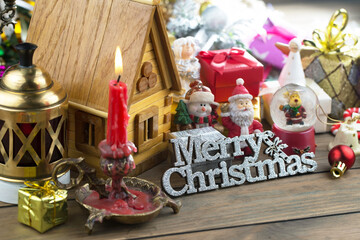 Merry Christmas and Happy New Year, postcard with gifts and Christmas decorations.