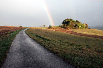 Regenbogen am Horizont in alter Kulturlandschaft bei Sonnenschein im Herbst in Gembeck am Twistetal...