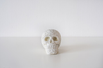 Fake white painted decorative carved skull with florals on a white background, decoration, DIY project, Halloween,  Day of the Dead