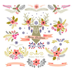 Christmas Set. Christmas Collection of decorative red flowers poinsettia and leaves for your design.  Floral Design elements. Season greeting card. Winter flora. Vector illustration. 