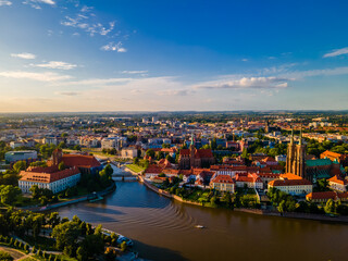 Aerial panoramic view of Wroclaw old town and Cathedral on the shore of Odra