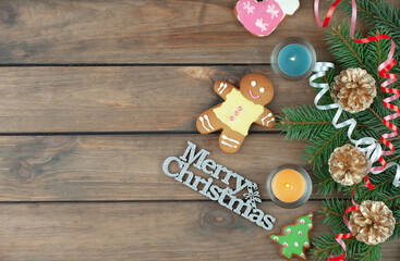 Merry Christmas card with gifts and, coffee and Christmas decorations.